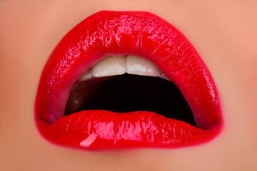 Obraz premium Sexy lip, Open female sensual mouth. Lips with red lipstick.