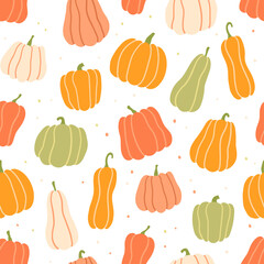 Pumpkin color dynamic seamless pattern. Pumpkins of different shapes. Hand drawn vector illustration on white background