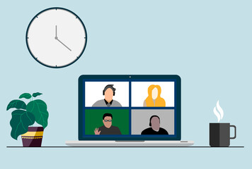 people connecting, learning or meeting online with teleconference, video conference remote working on the laptop computer, work from home and work from anywhere concept, flat vector illustration