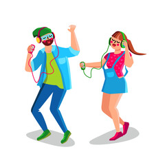 Boy And Girl Listening Music And Dancing Vector