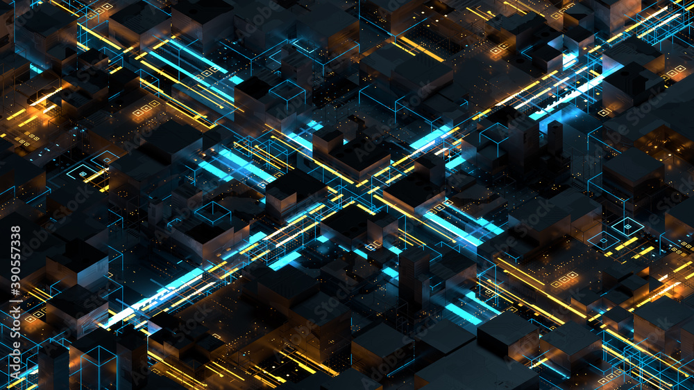 Poster 3d render of technology background with bright lines. data or artificial intelligence computing conc