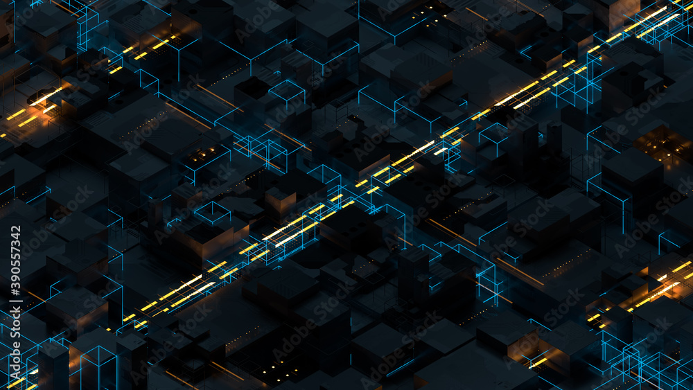 Poster 3d render of technology background with bright lines. data or artificial intelligence computing conc