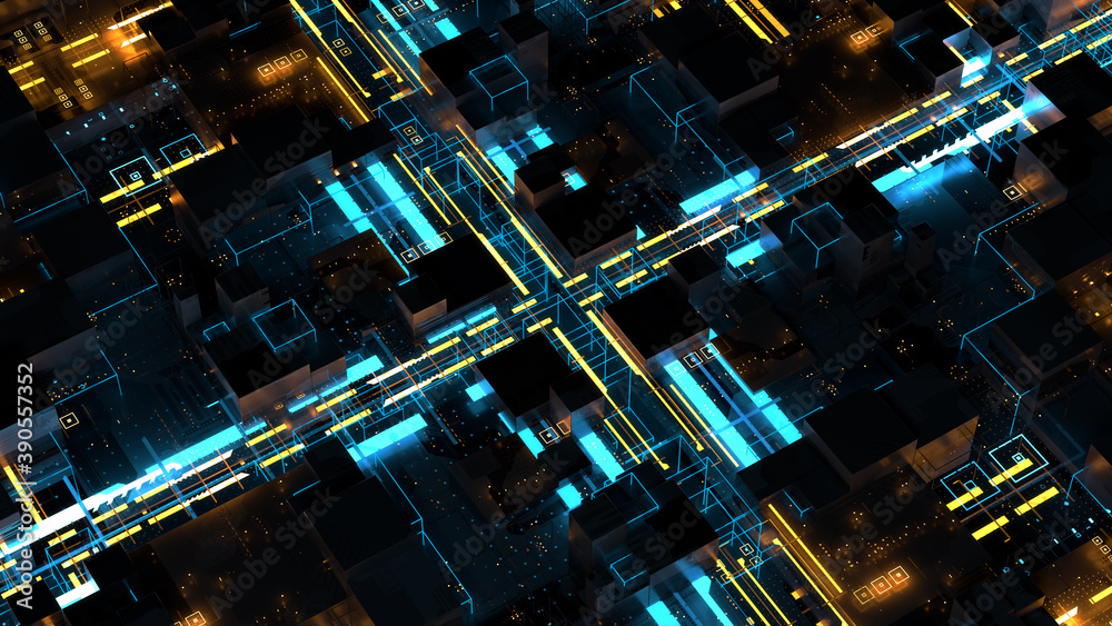 Poster 3d render of technology background with bright lines. data or artificial intelligence computing conc