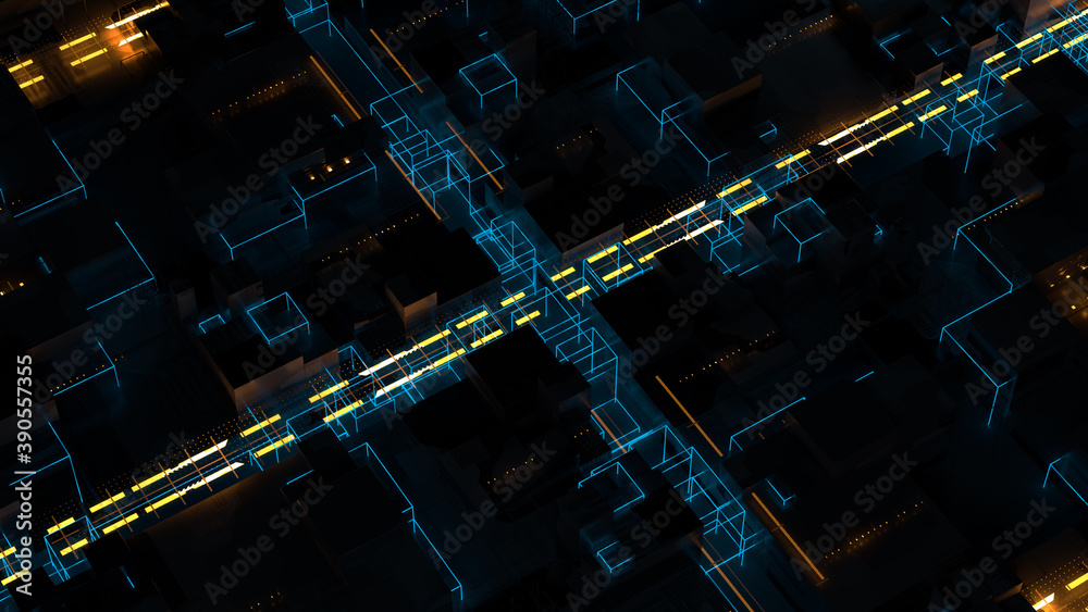 Poster 3d render of technology background with bright lines. data or artificial intelligence computing conc