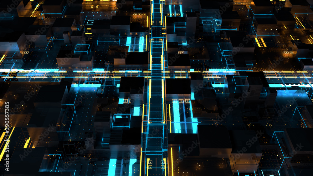 Poster 3d render of technology background with bright lines. data or artificial intelligence computing conc
