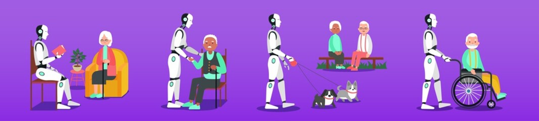 Illustration of sci fi robot he supports pensioners in different activities in purple background.