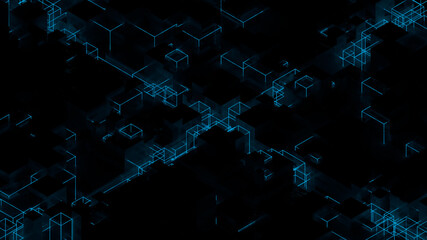 Technology background with glowing blue square forms. Abstract 3d render.