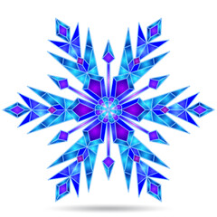 Illustration in the stained glass style with an openwork snowflake, isolated on a white background