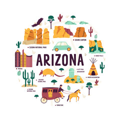 Abstract circle design with landmarks and symbols of Arizona state, USA