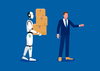 Vector art of smart and futuristic cyborg with artificial intelligence carrying boxes in blue background.