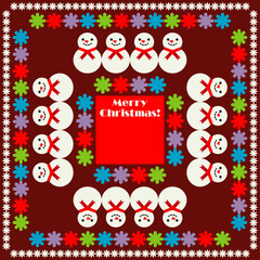 Square Christmas card with toys and text. Red-brown background. Happy holiday. Vector illustration for web design or print.