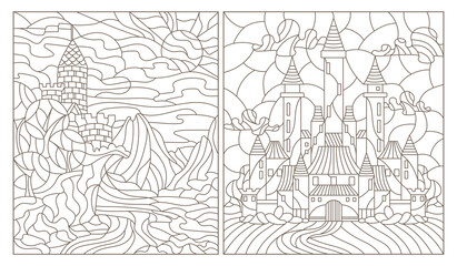 Set contour illustration of stained glass of landscapes with ancient castles,dark outlines on a white background