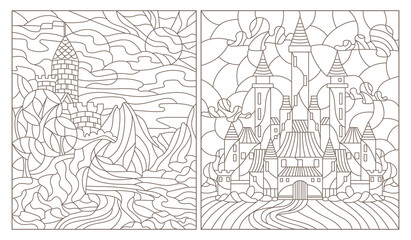 Obraz premium Set contour illustration of stained glass of landscapes with ancient castles,dark outlines on a white background