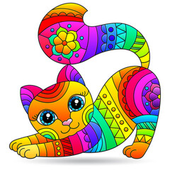 Set of stained glass elements with rainbow cat , isolated image on white background