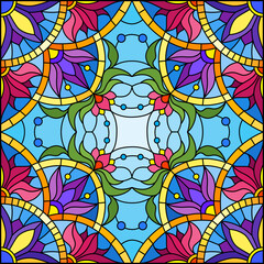 Illustration in the stained glass style with an abstract flower arrangement on a blue background, square image