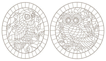 Set of contour illustrations of stained glass Windows with cute cartoon owls on tree branches, dark outlines on a white background, oval images