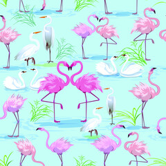 Obraz premium seamless pattern with pink flamingos, swans and herons