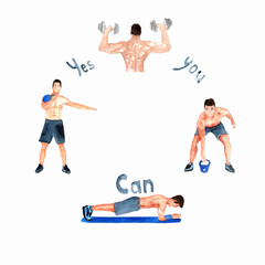 Watercolor compositions with a on a guy in the gym on  white background. Wreath, frame, border. Postcard, poster, banner with space for text.