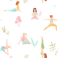Beautiful seamless pattern with watercolor cute yoga girls. Stock illustration. - obrazy, fototapety, plakaty