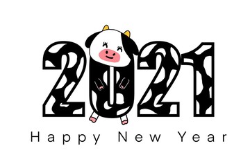 Illustration doodle abstract  isolated white background. Happy New Year 2021, year of the cow or ox. Cartoon cow at zero number. Text 2021 it was painted in a pattern as a milk cow. For card, greeting