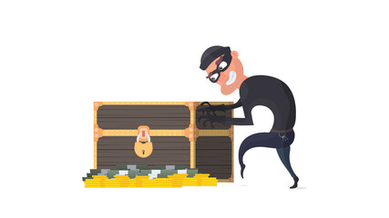 The robber steals a retro chest with money. Thief and Antique Wooden Chest. Isolated. Vector.