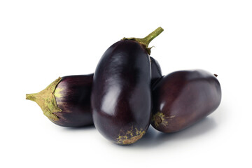 Fresh raw eggplants isolated on white background