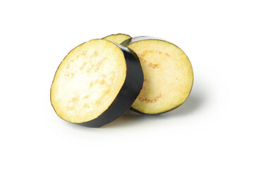 Fresh raw eggplant slices isolated on white background