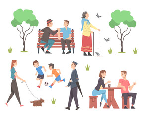 People Relaxing in Urban Park Set, Various Outdoor Summer Activities Cartoon Style Vector Illustration