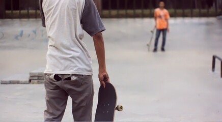 rear view of asian skateboarder with ripped pants playing on the skate park