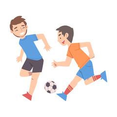 Two Boys Playing Soccer, Kid Doing Sports, Summer Outdoor Activities Cartoon Style Vector Illustration