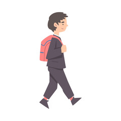 Side View of Cute Boy Walking with Backpack Cartoon Style Vector Illustration