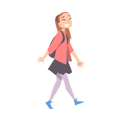 Cute Girl Walking with Backpack Style Vector Illustration