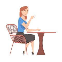 Young Woman Sitting at Table in Cafe, Drinking Coffee and Relaxing Cartoon Style Vector Illustration