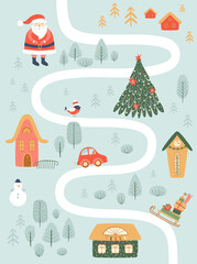 Christmas map. Winter Holidays Road Map. Christmas Village house. Winter board game map, forest Santa.