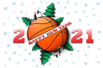 Happy new year 2021 and basketball ball with Christmas trees on an isolated background. Basketball player throws the ball into the ring. Design pattern for greeting card. Vector illustration