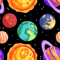 Planets, stars and satellites on a starry sky space seamless pattern background. Solar system outer space planets children wallpaper texture tile. Vector stock image