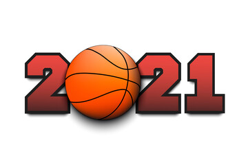 New Year numbers 2021 and basketball ball on an isolated background. Creative design pattern for greeting card, banner, poster, flyer, party invitation, calendar. Vector illustration