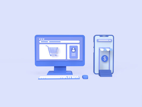 3d online shop concept with personal computer, smartphone image and blue background color concept rendered Premium Photo