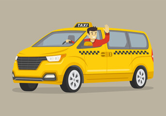 Happy young male driver leaning out of the van taxi window. Man sitting in a car on driver's place and raising his hand. Flat vector illustration template. © flatvectors