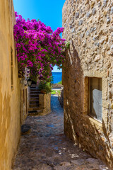 Traditional architecture with  narrow  stone street and a colorfull bougainvillea in  the medieval  castle of Monemvasia, Lakonia, Peloponnese, Greece.