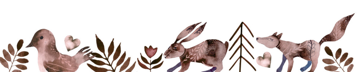 Scandinavian style design element for nursery. Forest animals collection with lettering element.