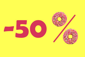 50 percent daily bakery discount on pastries. Percent sign is made of donuts in strawberry glaze with multi-colored backlighting. Creative bakery advertisement, zero waste production concept.
