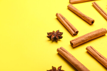 Cinnamon sticks and anise on color background