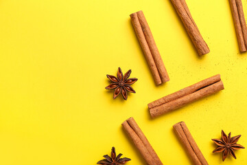 Cinnamon sticks and anise on color background