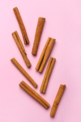 Cinnamon sticks on color background