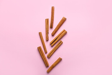 Cinnamon sticks on color background