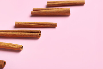 Cinnamon sticks on color background