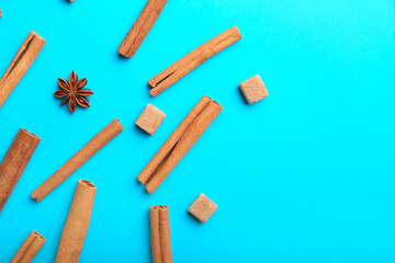 Cinnamon sticks, sugar and anise on color background