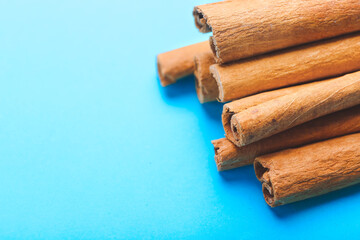 Cinnamon sticks on color background, closeup