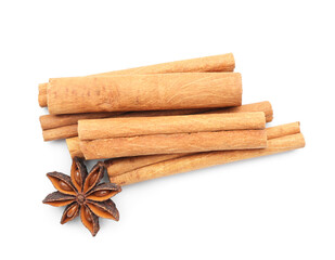 Cinnamon sticks and anise on white background
